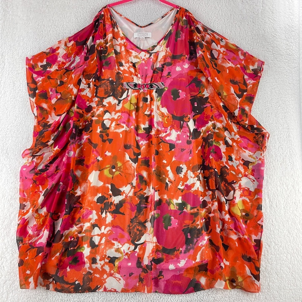American Glamour Badgley Mischka‎ Tunic Shirt Womens Large Orange Floral V-Neck